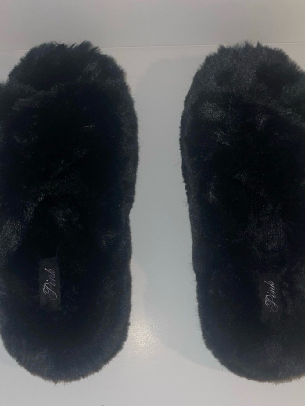PINK Victoria's Secret Black Fuzzy Slide Slippers